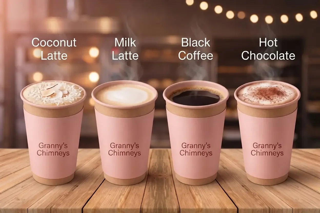 Coconut latte, milk latte, black coffee and hot chocolate