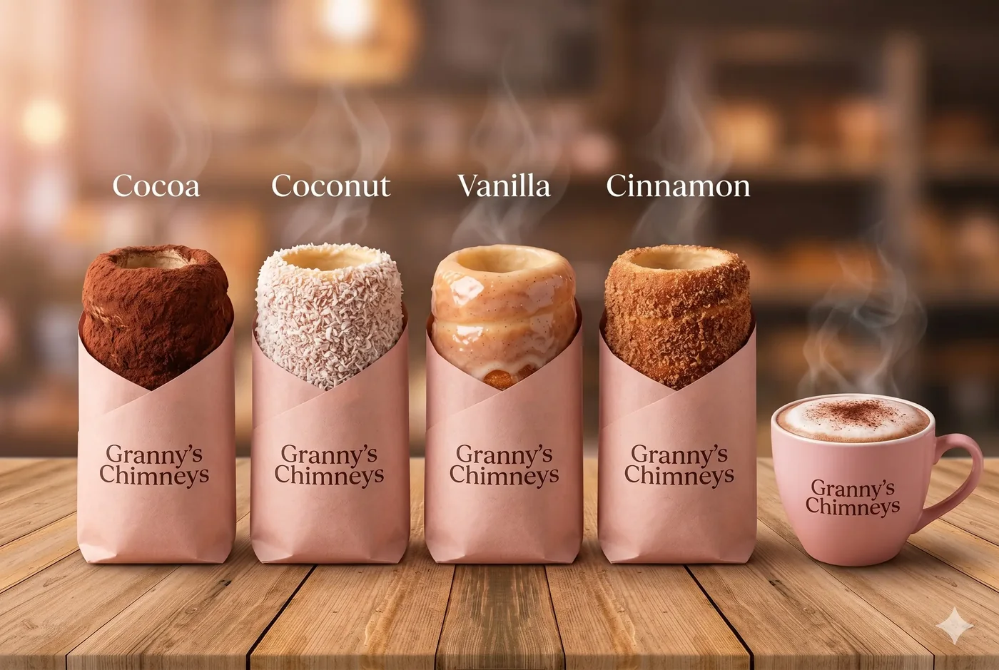 Four chimney cake flavours: cocoa, coconut, vanilla and cinnamon