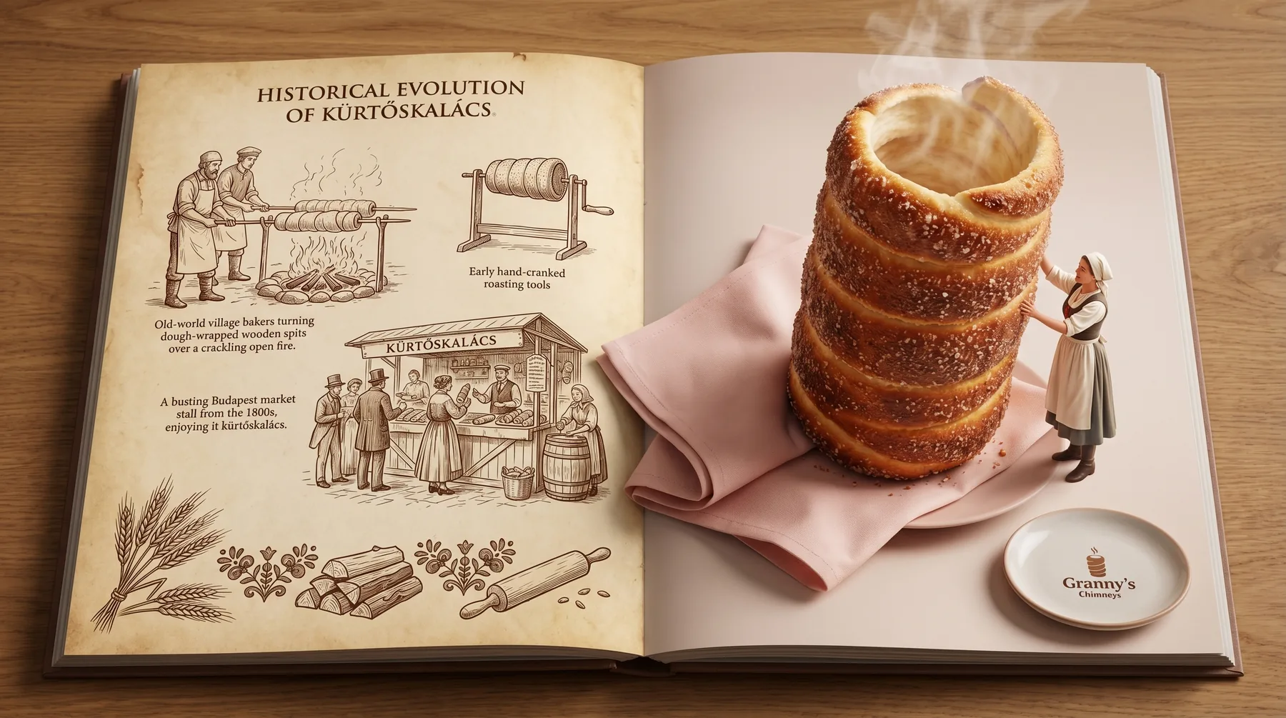 Illustrated history of kürtőskalács alongside a fresh chimney cake